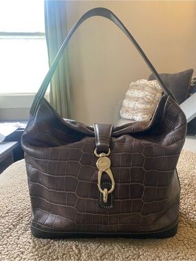 Dooney & Bourke Brown Croc-Embossed Shoulder Bag with Gold Hardware